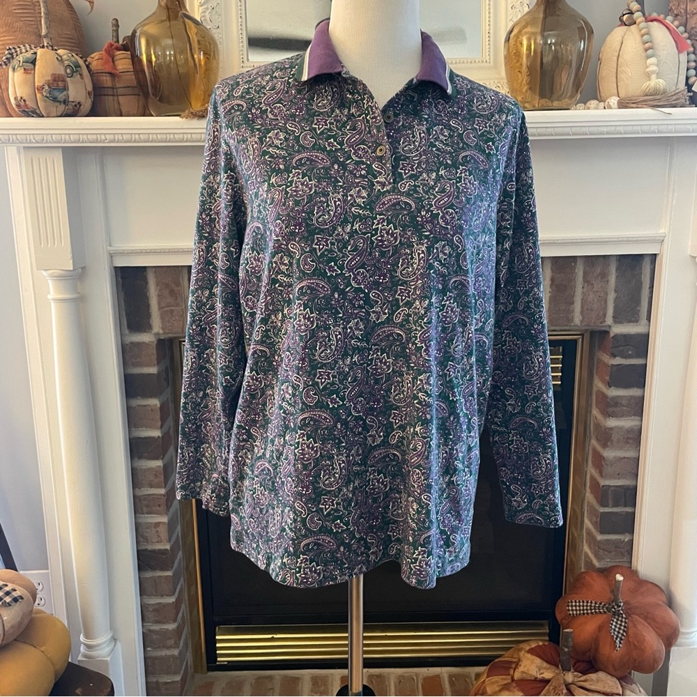 1980’s Hunt Club Petite Women’s Purple Green Paisley Knit Polo Shirt Large
